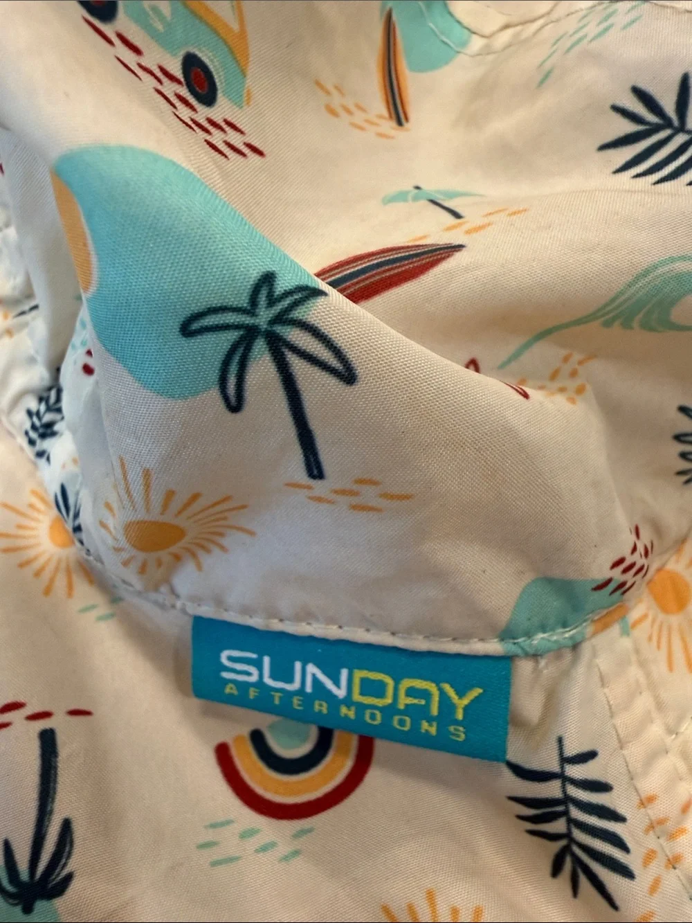 Sunday Afternoons Kids Sun Hat with Turquoise Trim and Beach Print 6-12 months
